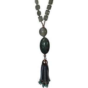 Chico's Statement Necklace Green Beaded‎ Tassel Pendant 16" Adjustable Clasp